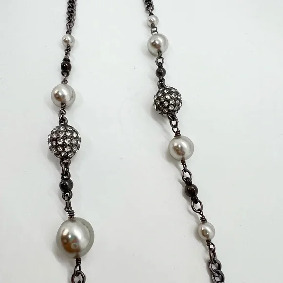 J Crew Beaded Station Faux Pearl Gun Metal Silver Tone Long Necklace Approx 31” - Picture 5 of 8